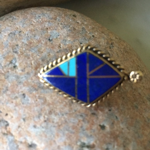 Vintage 14K Gold Lapis Turquoise Native American Earrings - Picture 10 of 16